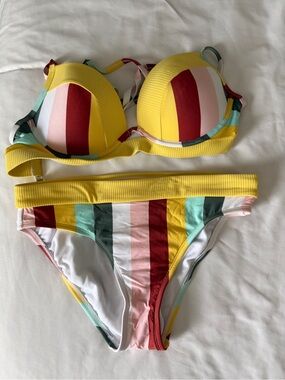 Yellow Multicolor Stripe Push-Up Bikini - Unbranded